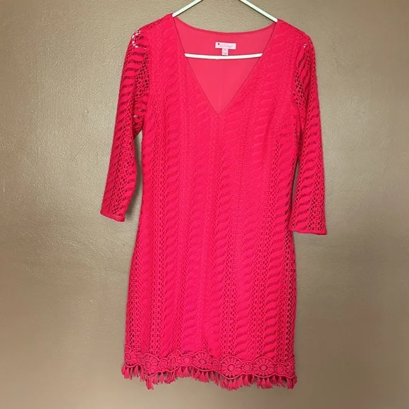 Lilly Pulitzer Seminole Knit Pomegranate Pink Crochet Lace Dress Women's Sz M - Picture 3 of 7